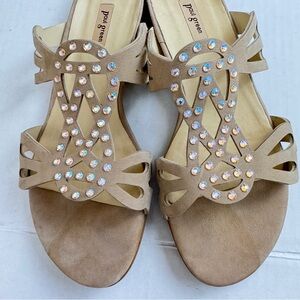 Paul Green Sandals Womens 8 Beige Nubuck Slip On Slide Crystal Rhinestone Design